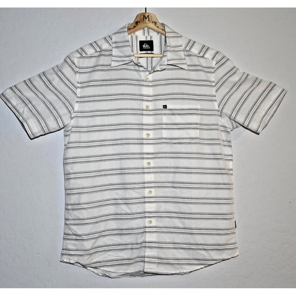 Quiksilver White Gray Striped Button Down Shirt Short Sleeve Top (S/P/CH)